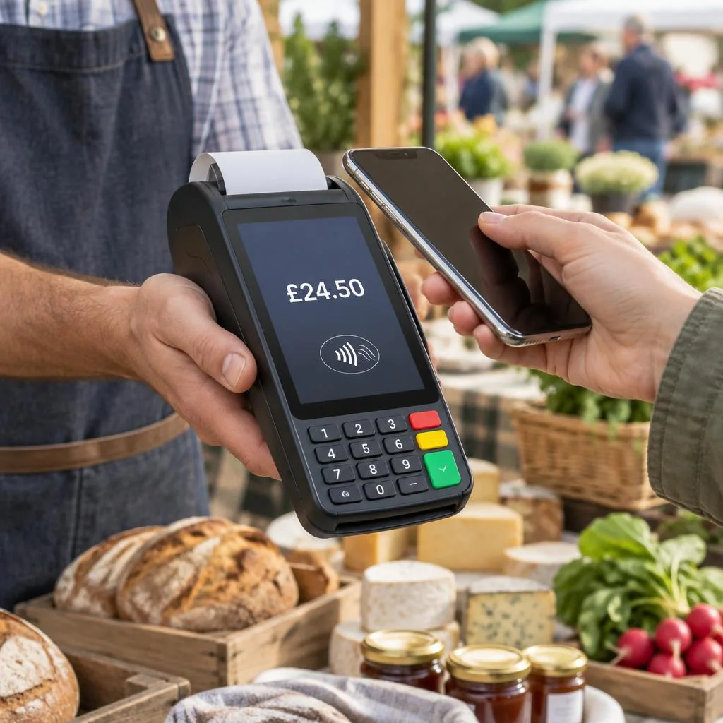 PAX A920 card machine taking a mobile payment at a UK market stall - MCR Anywhere 4G package