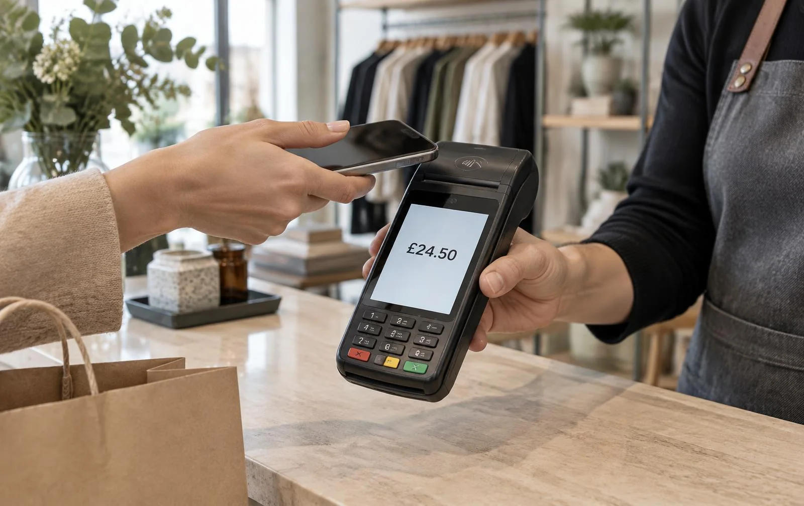 PAX A920 card machine taking a contactless phone payment at a Manchester shop counter