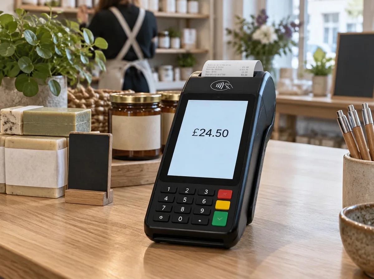 PAX A920 card machine at a Manchester retail shop counter